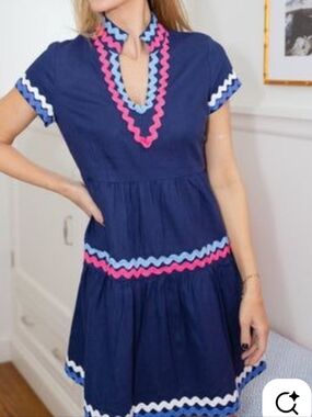 Sail to Sable Fit And Flare Dress Navy Linen With Rickrack